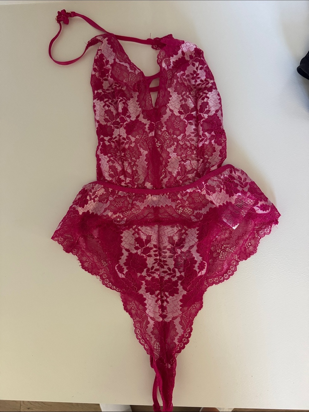 Lace Halter Teddy Bodysuit in Fuchsia